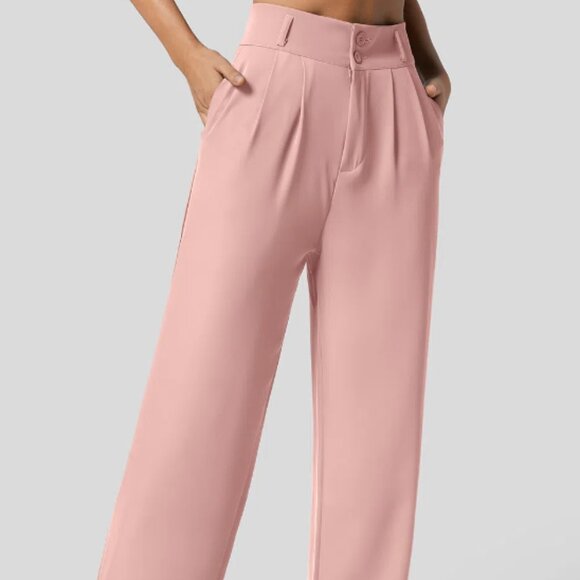 US-L, High Waisted Shirred Back Side Pocket Plicated, Strt Leg Suit Pant - Pink - Picture 1 of 6